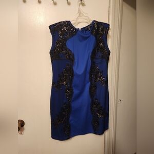 Little Mistress Cocktail Dress Blue with Black Sequin Detail